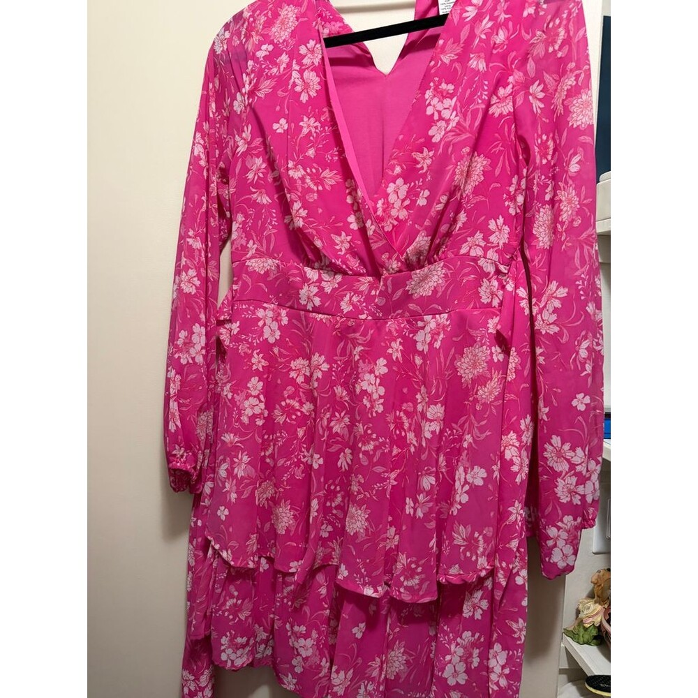 Womens Pink Floral Wrap Tiered Dress Long Sleeve V-Neck Smocked Waist